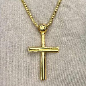 3.5mm Plated Baseball Bat Cross Pendant and Chain for Men, Woman. 24" in Length